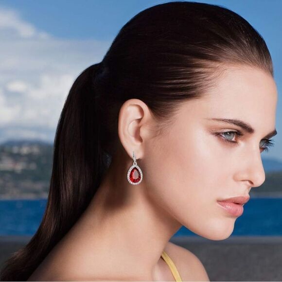 14K White Gold with Ruby Red Austrian Crystal Teardrop Halo Drop Hook Earrings - Picture 5 of 6